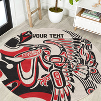 Round rug with red, black, and white eagle graphic and 'YOUR TEXT' print