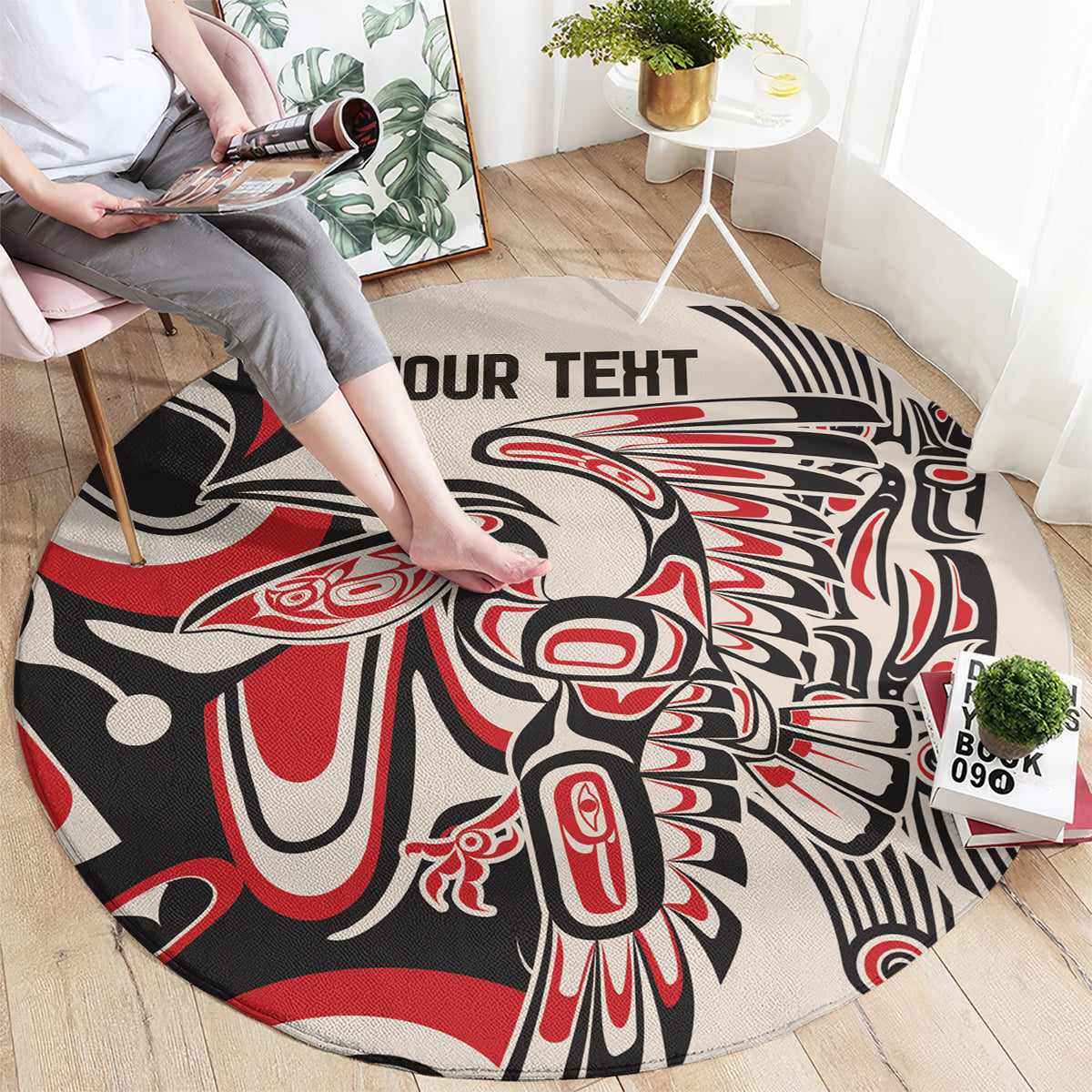 Round rug with red, black, and white eagle graphic and 'YOUR TEXT' center text