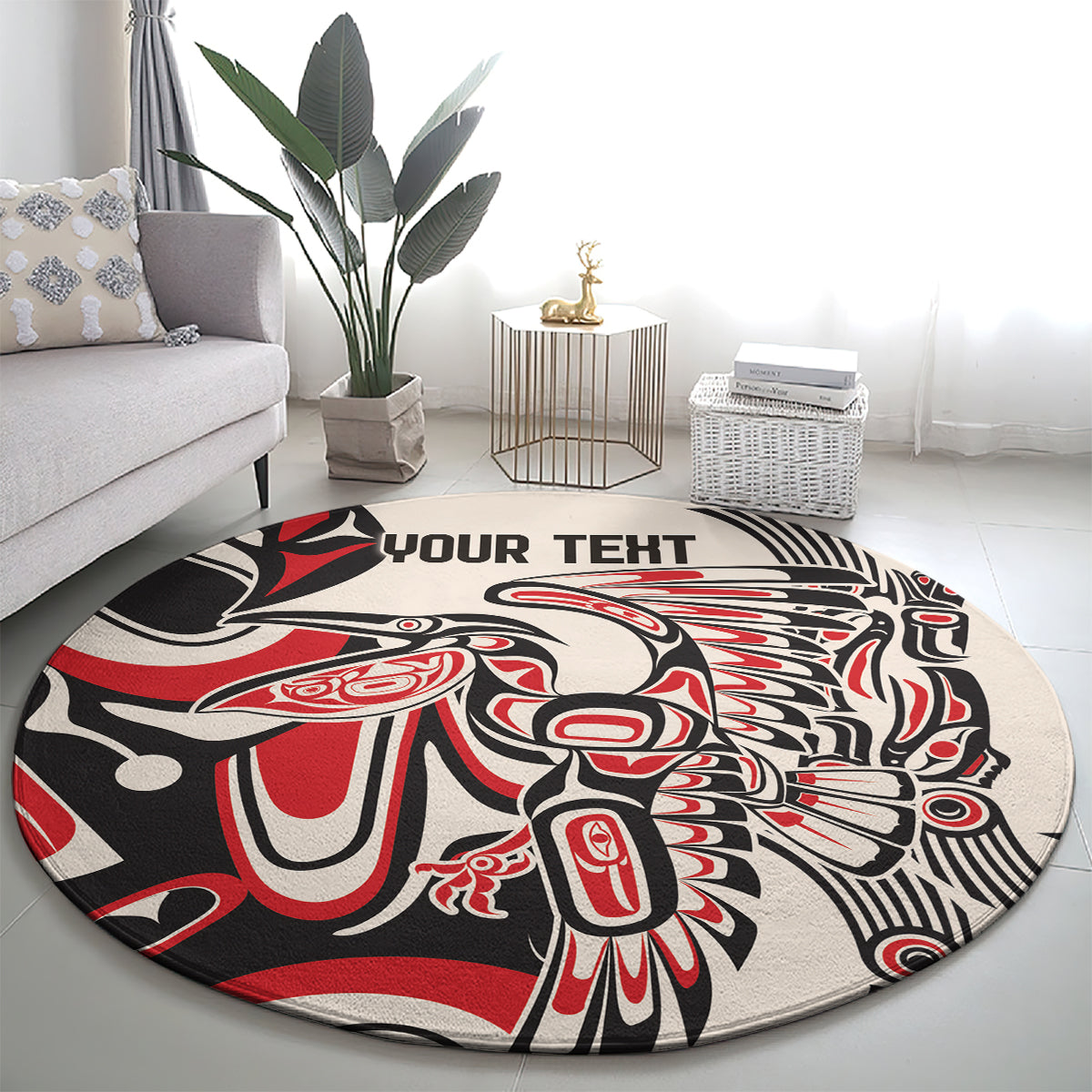 Round rug, red black and white eagle motif with 'YOUR TEXT' on center