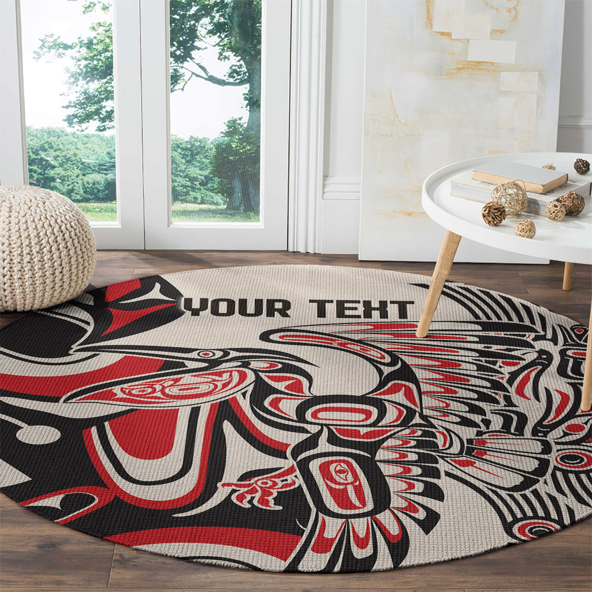 Round rug with red, black, and white eagle graphic and 'YOUR TEXT' header