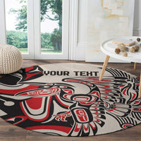 Round rug with red, black, and white eagle graphic and 'YOUR TEXT' header