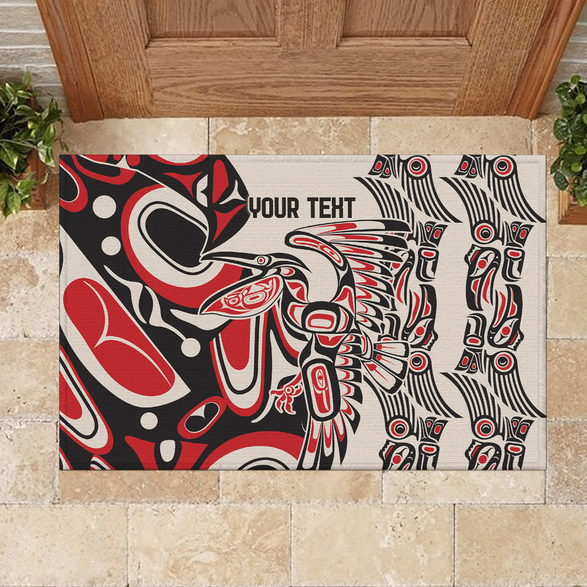 Personalized rubber doormat featuring red, black, and white tribal design with 'YOUR TEXT'