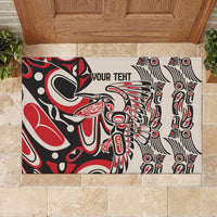 Personalized rubber doormat featuring red, black, and white tribal design with 'YOUR TEXT'