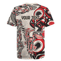 Rugby jersey back with Indigenous-style pattern in red/black/cream and YOUR TEXT graphic.