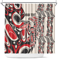 Shower curtain in red, black and cream with bold bird and mask patterns and “YOUR TEXT” area