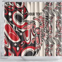 Shower curtain with red, black and cream abstract patterns and visible “YOUR TEXT” area