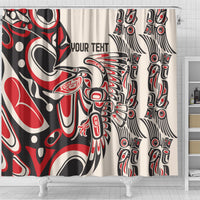 Shower curtain with red, black and cream vertical tribal patterns and visible “YOUR TEXT” area