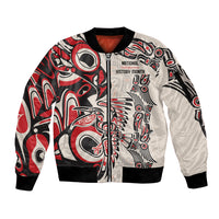 Red/white/black unisex zip bomber jacket, ribbed cuffs, history month chest patch