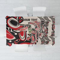 Customizable tablecloth with red, black, and white tribal pattern and a 'YOUR TEXT' area.