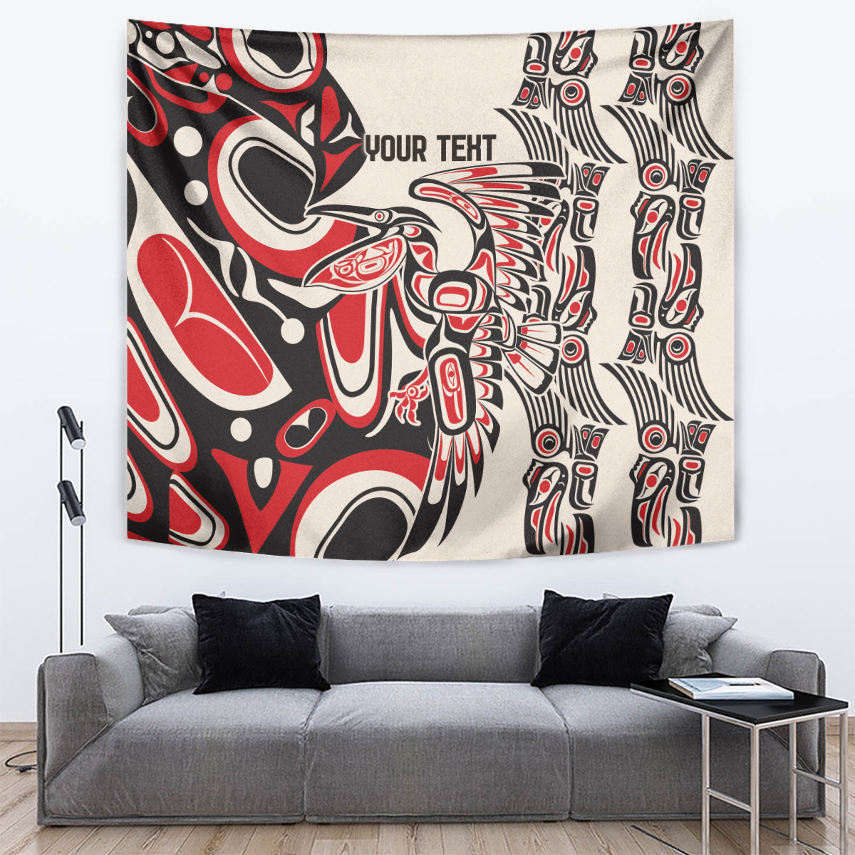 Personalized wall tapestry featuring red, black, and white pattern with 'YOUR TEXT' on the center