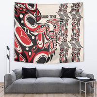 Personalized wall tapestry featuring red, black, and white pattern with 'YOUR TEXT' on the center