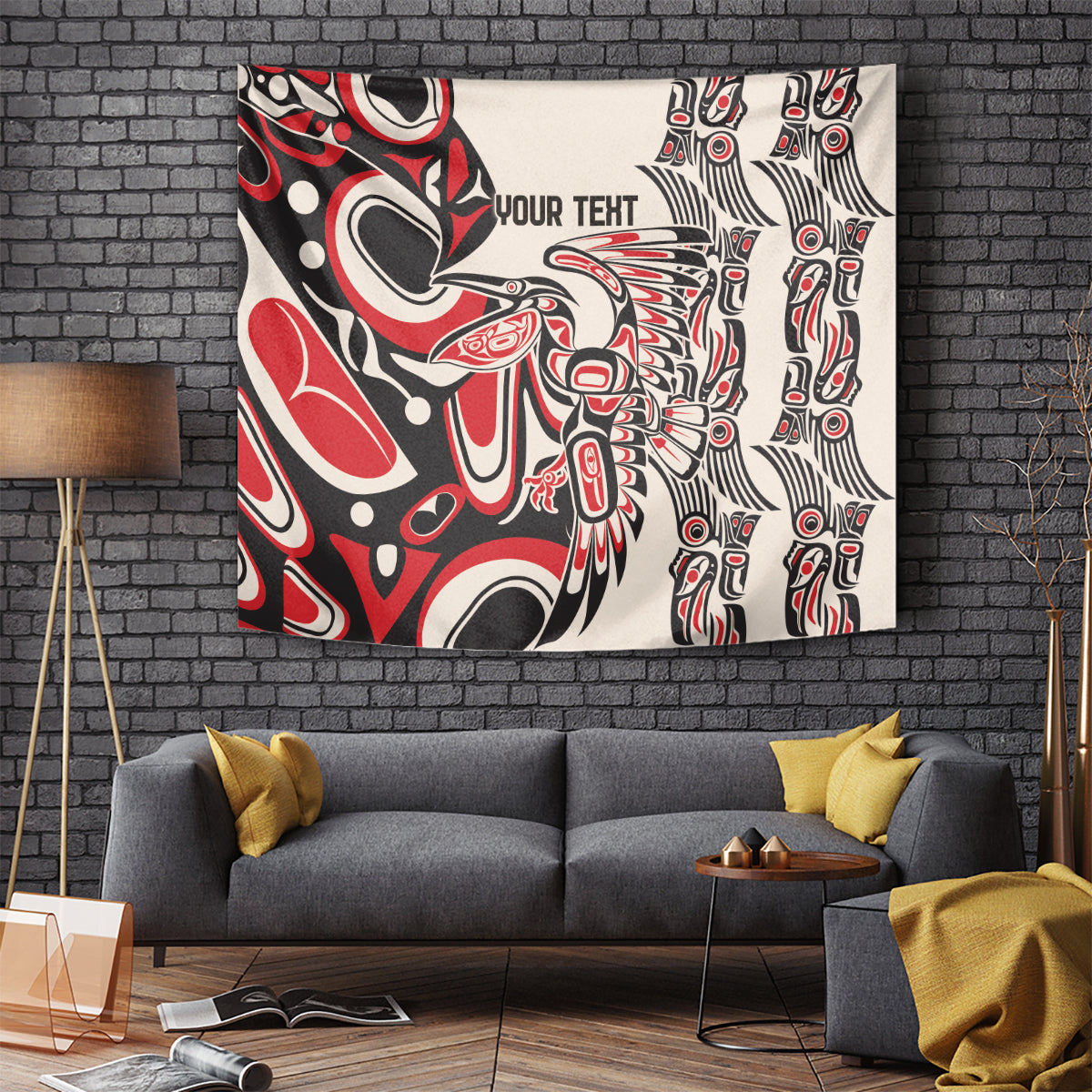 Personalized wall tapestry with bold red, black, and white Indigenous-style artwork and 'YOUR TEXT'