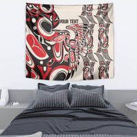 Personalized rectangular wall tapestry with red, black, and white Indigenous-style pattern; 'YOUR TEXT'