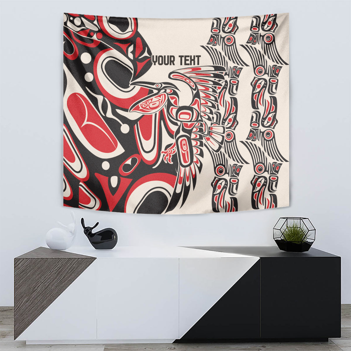 Personalized wall tapestry with red, black, and white Indigenous-style pattern and 'YOUR TEXT'