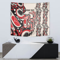 Personalized wall tapestry with red, black, and white Indigenous-style pattern and 'YOUR TEXT'