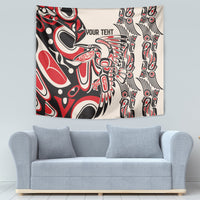 Personalized rectangular wall tapestry in red, black, and white with 'YOUR TEXT' at center