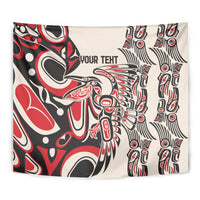 Personalized wall tapestry close-up with red, black, and white Indigenous-style design; 'YOUR TEXT'