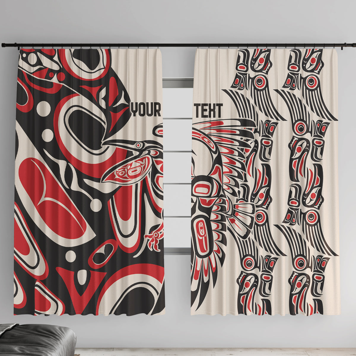 Pair of red, black, and white tribal pattern window curtains on a wall rod