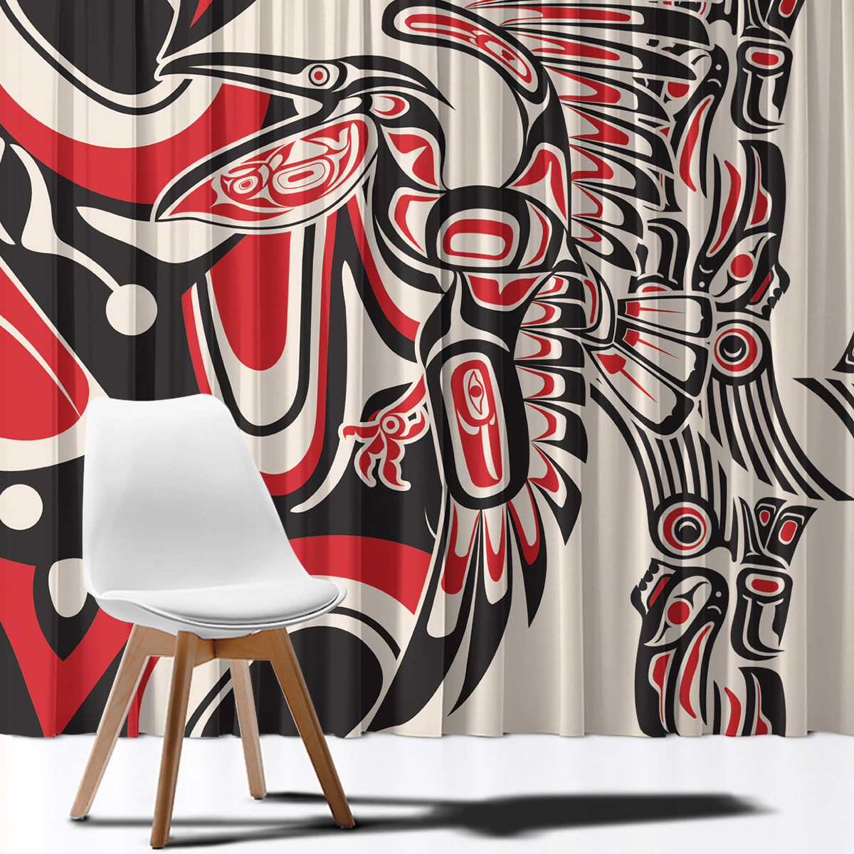 Red, black, and white tribal pattern window curtain panel with decorative motif