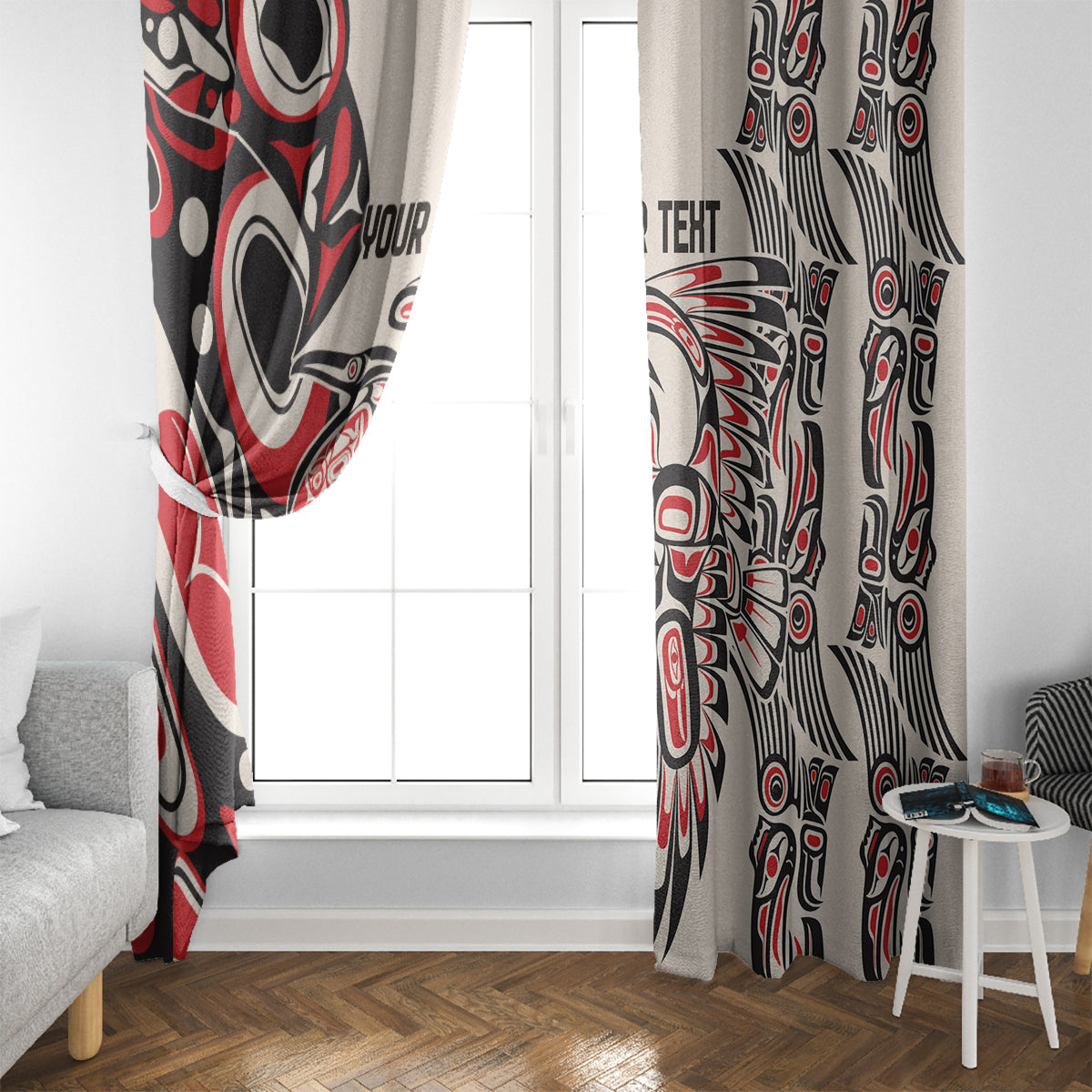 Two red, black, and white tribal patterned window curtain panels over doorway