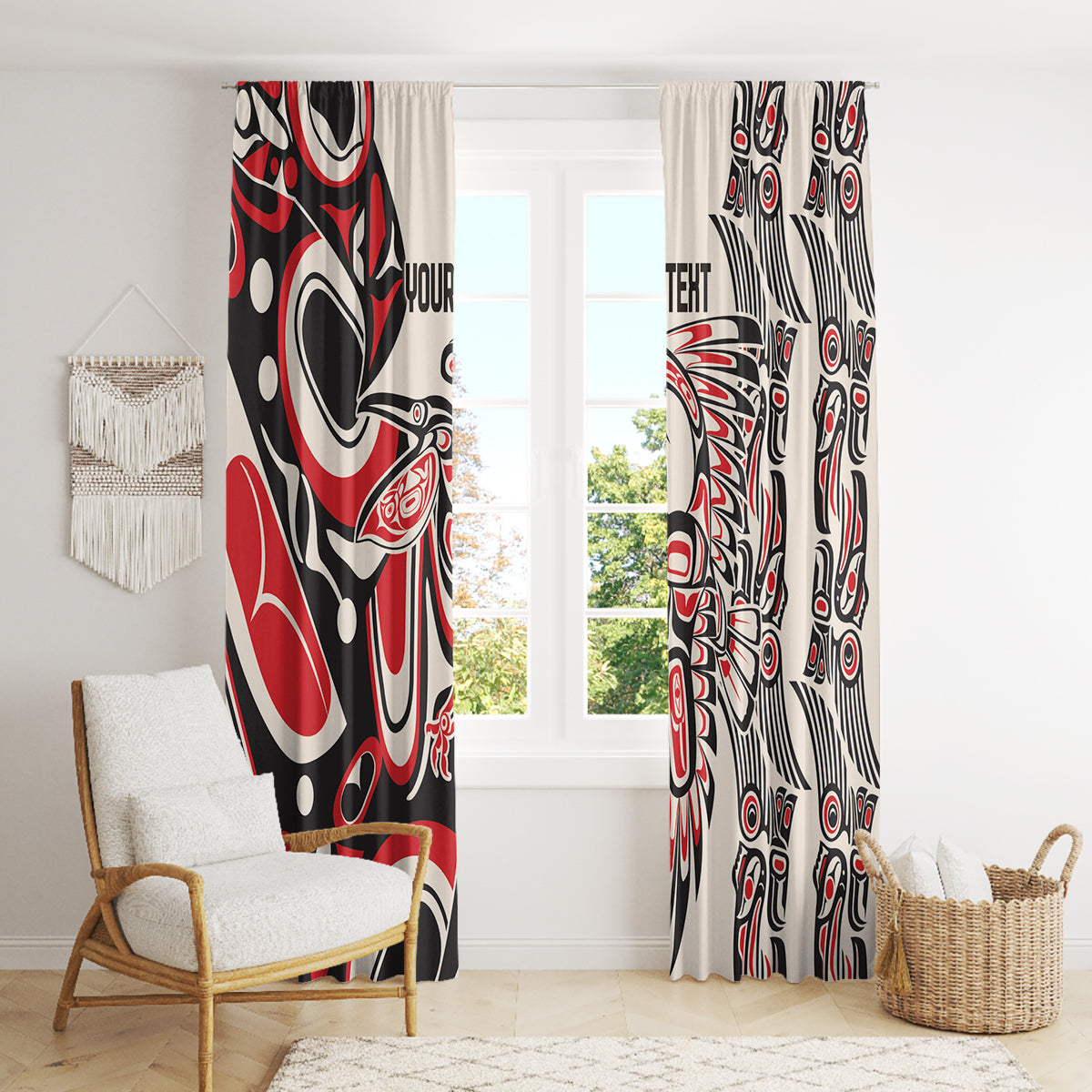 Red, black, and white tribal pattern window curtains hanging across a large window
