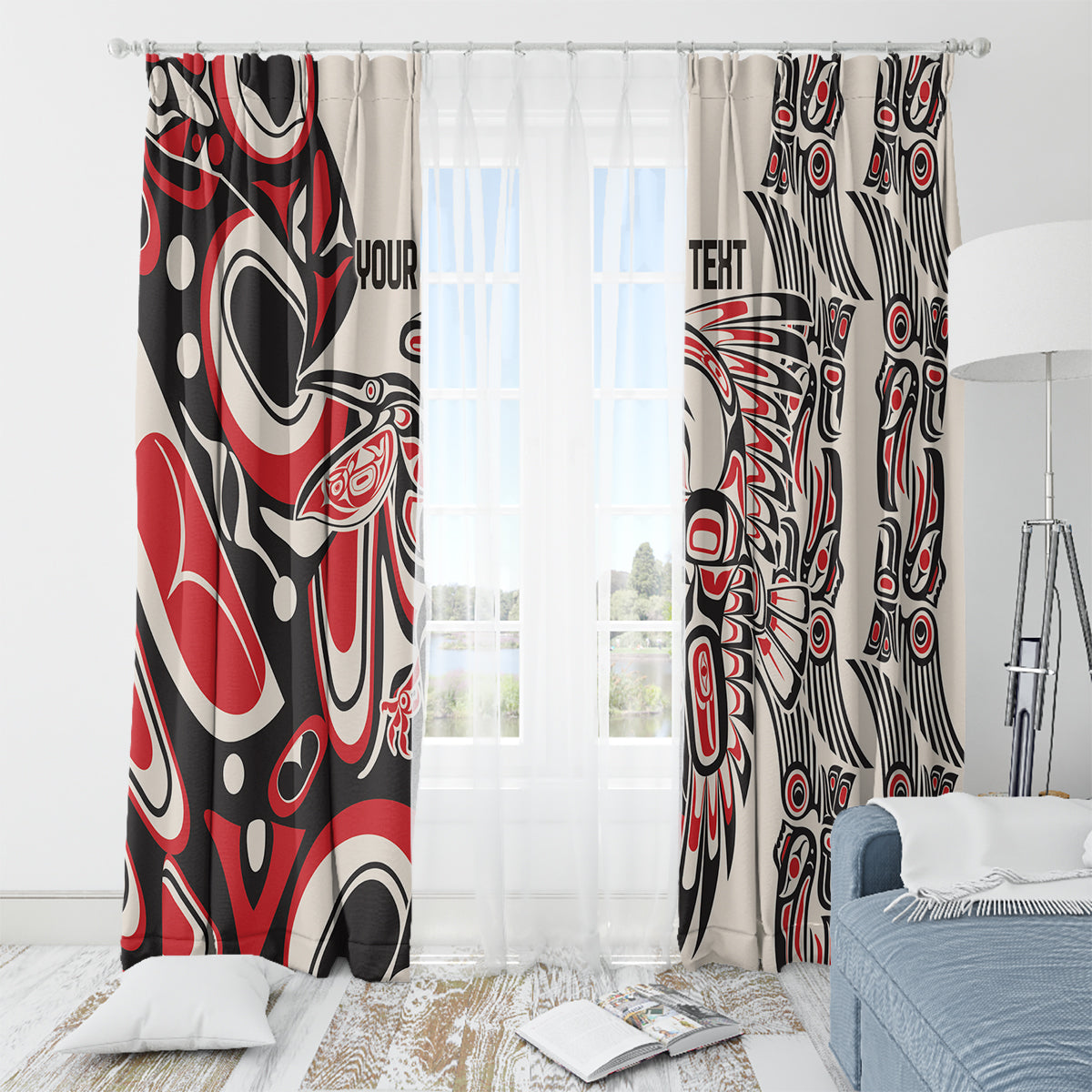 Red, black, and white tribal window curtain pair with sheer middle section