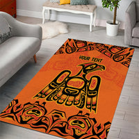Orange tribal area rug with bold black eagle motif and 'YOUR TEHI' text, wide rectangle