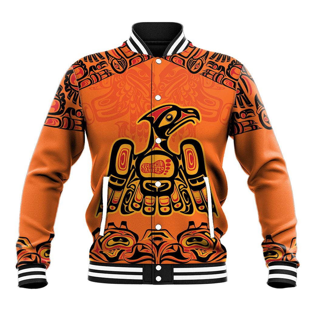 Orange baseball jacket with striped ribbed collar, snap buttons, large bird graphic