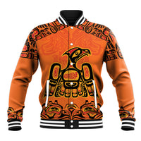 Orange baseball jacket with striped ribbed collar, snap buttons, large bird graphic