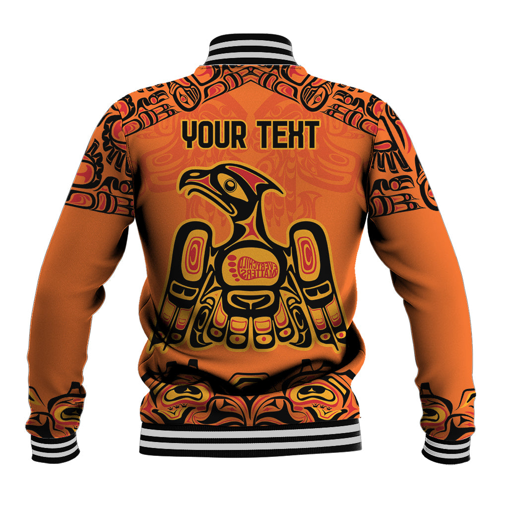 Orange baseball jacket with striped collar and cuffs, back graphic with 'YOUR TEXT'