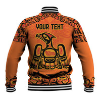 Orange baseball jacket with striped collar and cuffs, back graphic with 'YOUR TEXT'