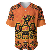 Orange baseball jersey with bold totem and bird graphic, button front