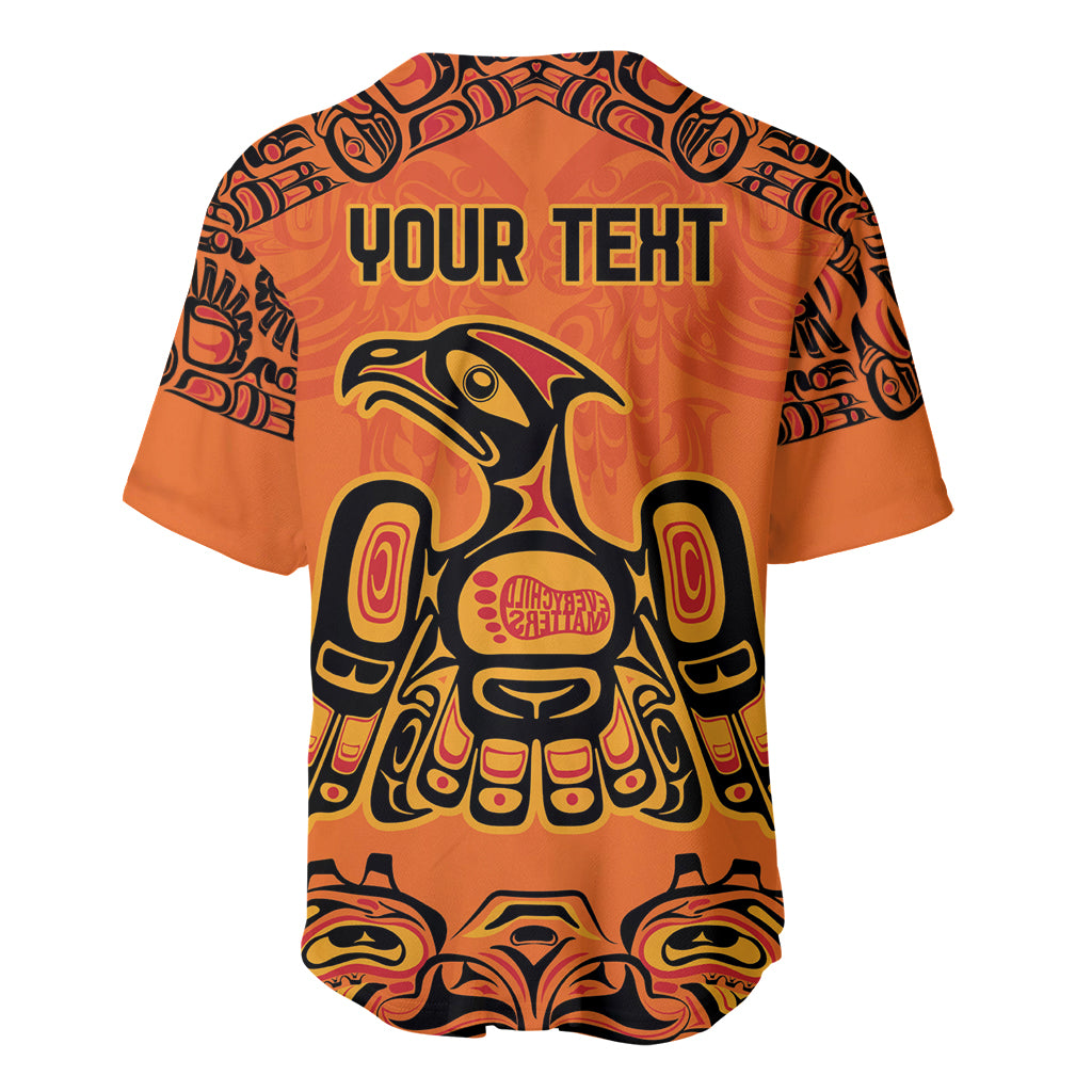 Orange baseball jersey, back shows YOUR TEKST over black totem and bird artwork