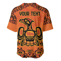 Orange baseball jersey, back shows YOUR TEKST over black totem and bird artwork