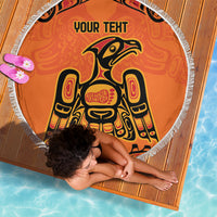 Orange round beach blanket with tribal eagle graphic, 'YOUR TEXT' and white fringed edge
