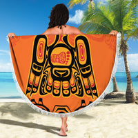 Orange circular beach blanket with tribal eagle design, 'YOUR TEXT' and white fringe border