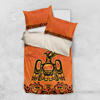 Orange personalized bedding set with Haida-style animal print on duvet and pillowcases