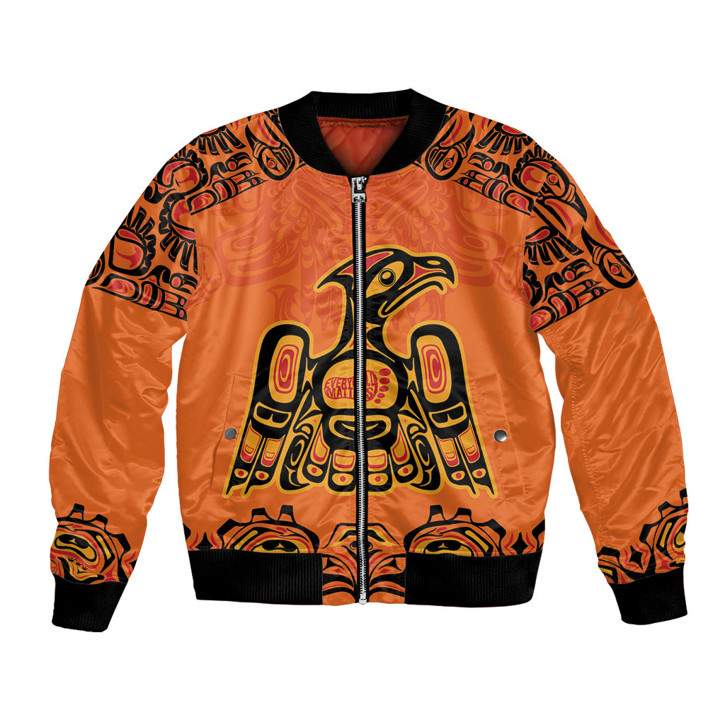 Orange bomber jacket with full-zip front, black ribbed collar, and bold indigenous art panel