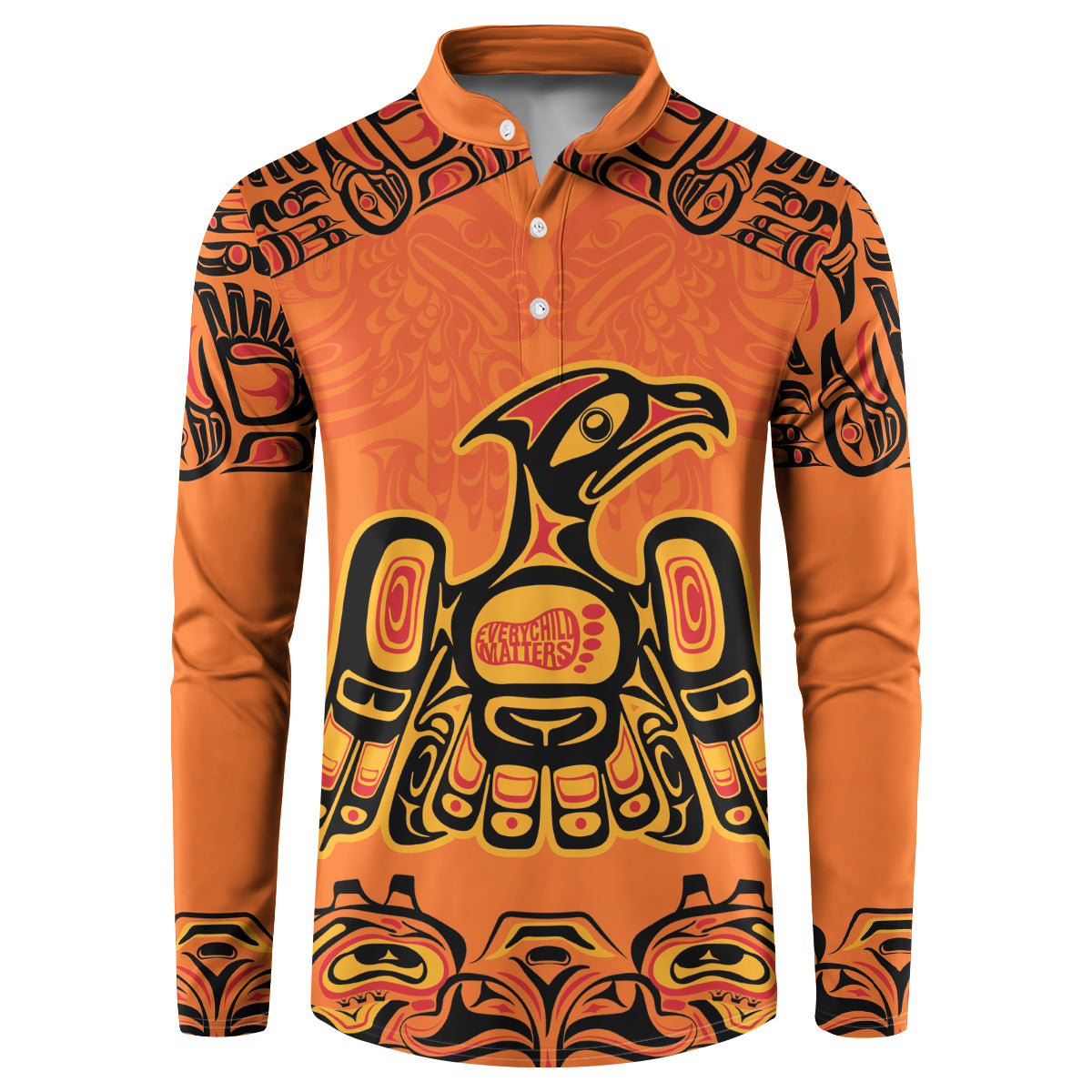 Orange button-front sweatshirt with Haida-style eagle and Every Child Matters emblem