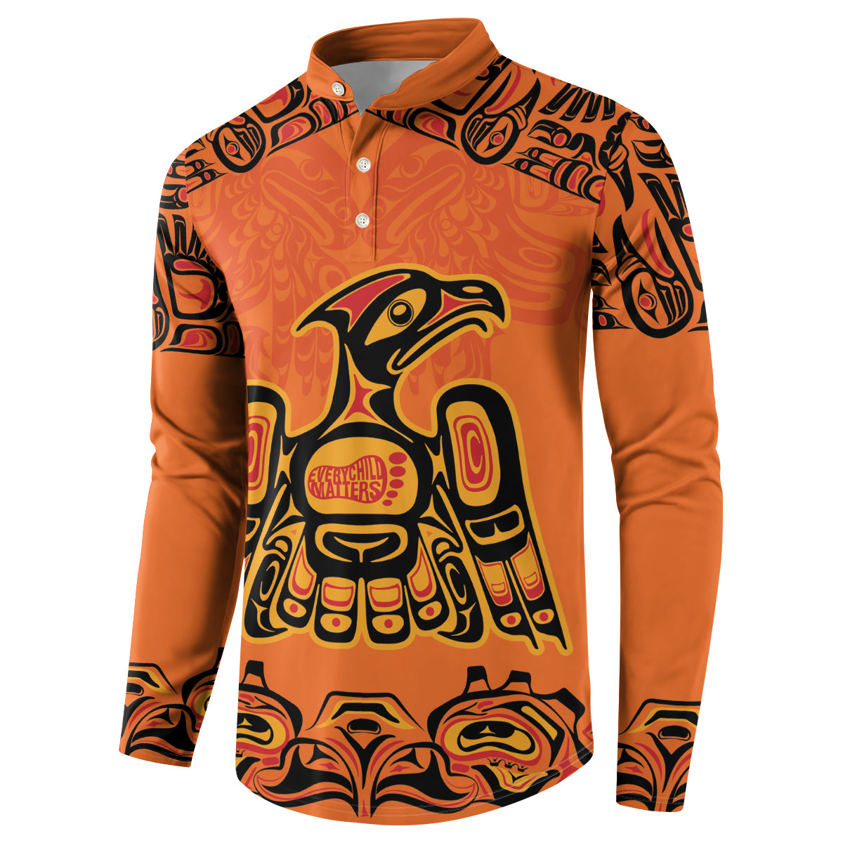 Orange button-front sweatshirt with large eagle graphic, tribal sleeve pattern, and emblem