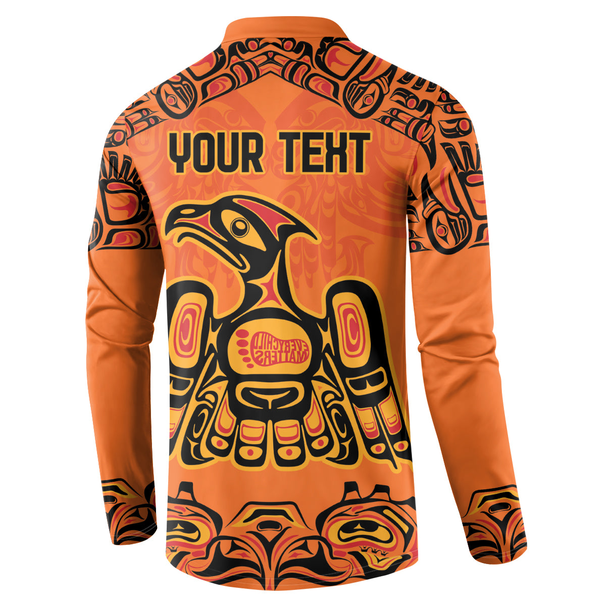 Orange button-front sweatshirt with “YOUR TEXT” on back and eagle tribal print