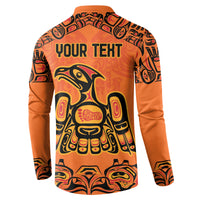 Orange button-front sweatshirt with “YOUR TEXT” on back and eagle tribal print