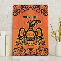 Framed orange canvas wall art with black Native-style eagle and 'YOUR TEXT'.