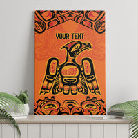 Orange canvas wall art with Native-style eagle and 'YOUR TEXT' in black ink.