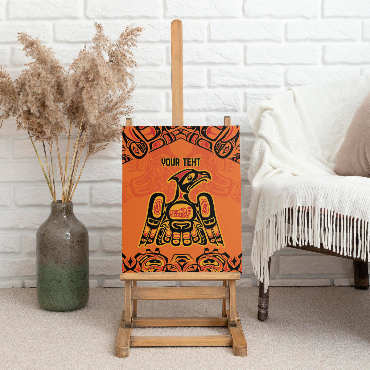 Orange canvas wall art featuring Native-style eagle with 'YOUR TEXT' text.