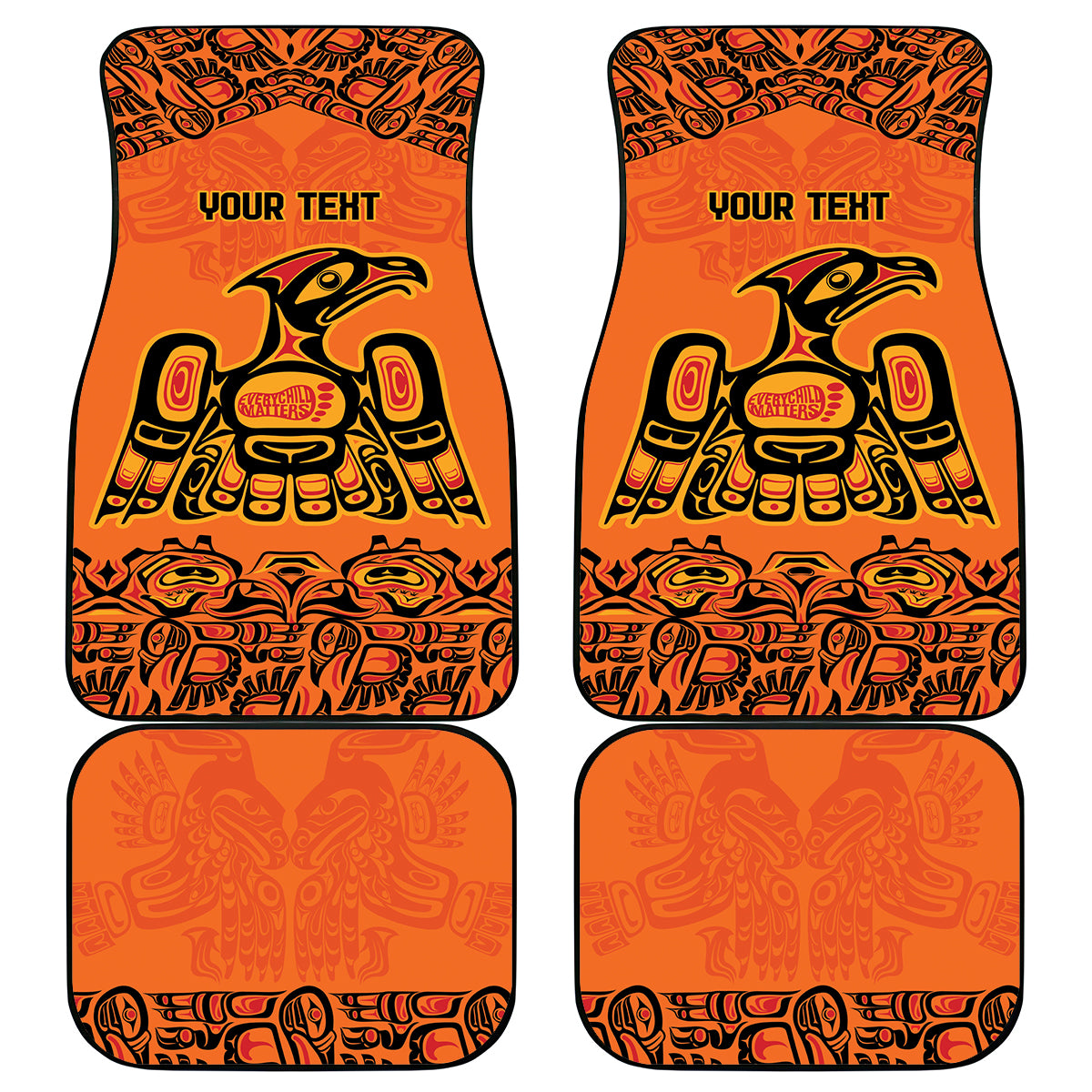 Orange car mat set showing 'YOUR TEXT' and Haida-style animal artwork