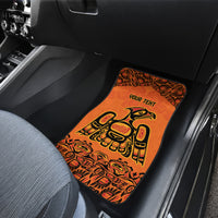 Orange rear car floor mat with Haida-style animal art and 'YOUR TEXT'