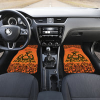 Orange front car floor mats with Haida-style animal art and 'YOUR TEXT'