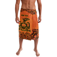 Orange board shorts with black bird motif and "YOUR TENT" text, mid-thigh, elastic waistband.