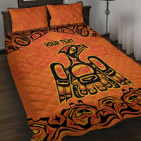 Orange quilt bed set with two pillow shams and 'YOUR TENT' tribal-style center print